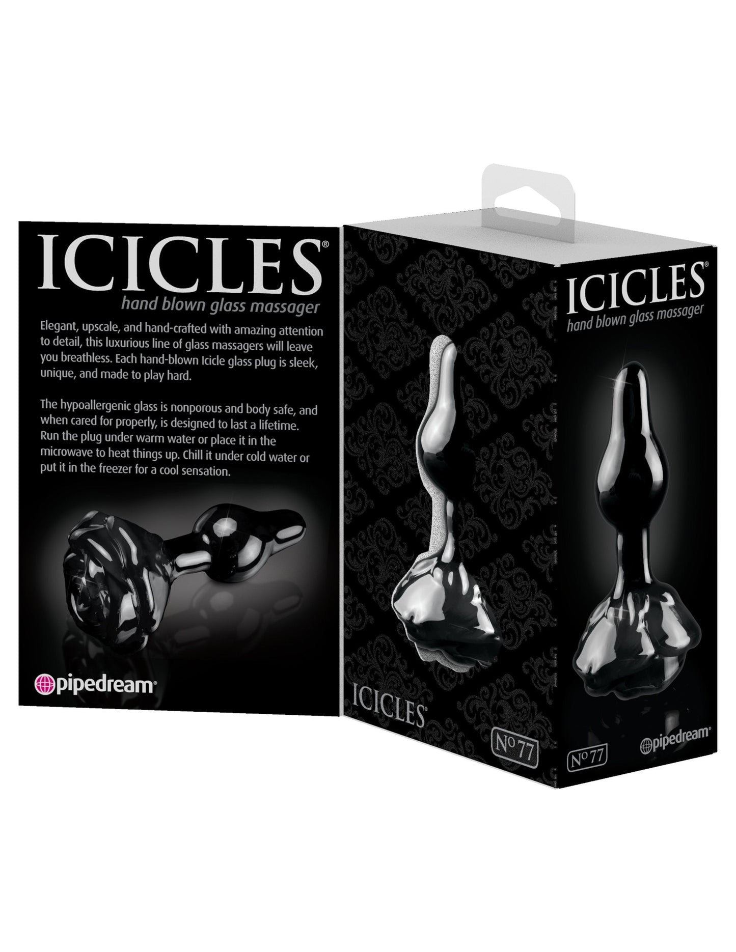 Icicles No. 77 Black Glass Anal Plug with Rose Shaped Base