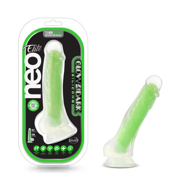Blush Neo Elite GLOW in the Dark 7.5 Inch with Balls Silicone Dual Density Suction Cup Dildo