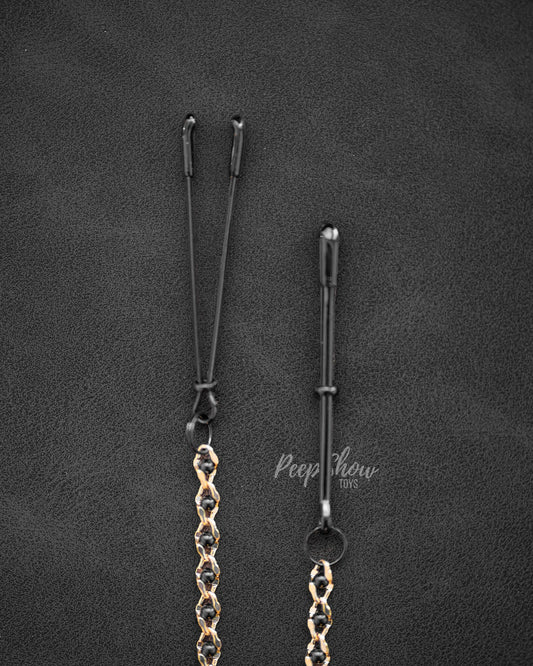 Adjustable Black Tweezer Nipple Clamps with Gold, Beaded Chain