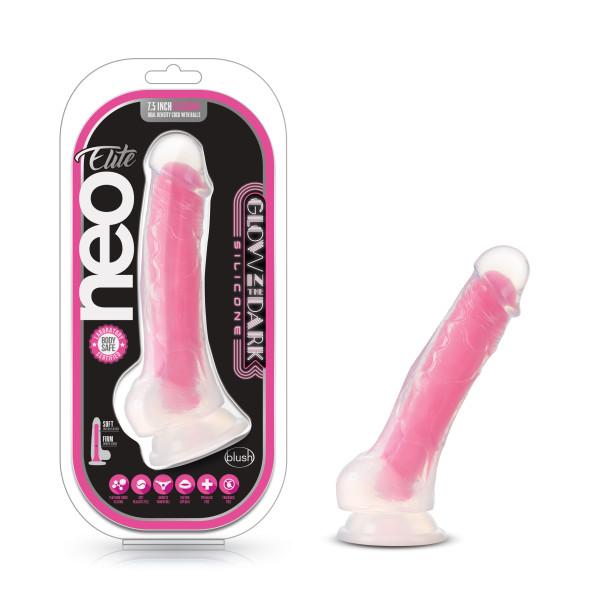 Blush Neo Elite GLOW in the Dark 7.5 Inch with Balls Silicone Dual Density Suction Cup Dildo